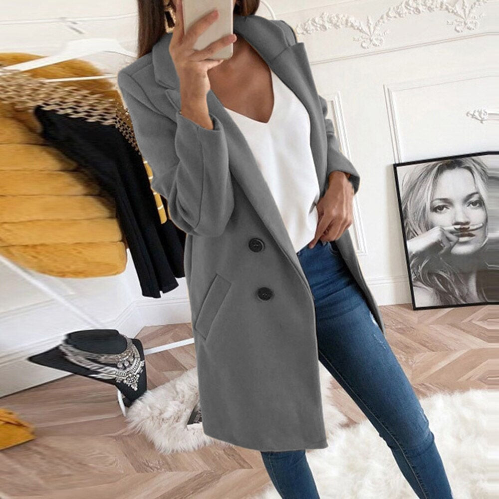 Women's yellow winter coat with lapel collar and button front