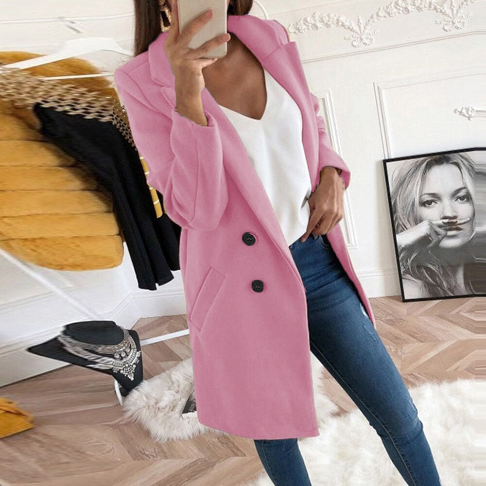 Women's yellow winter coat with lapel collar and button front