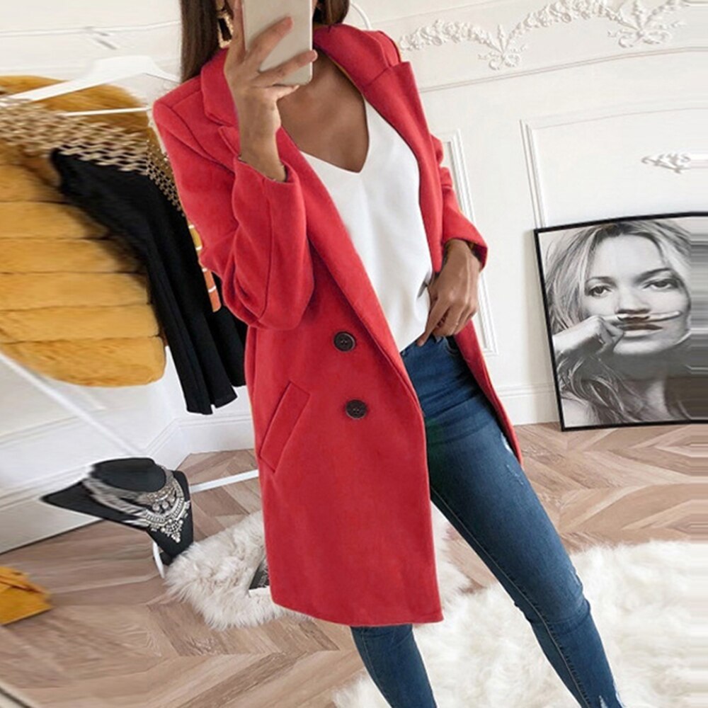 Women's dark orange winter coat with lapel collar and button front