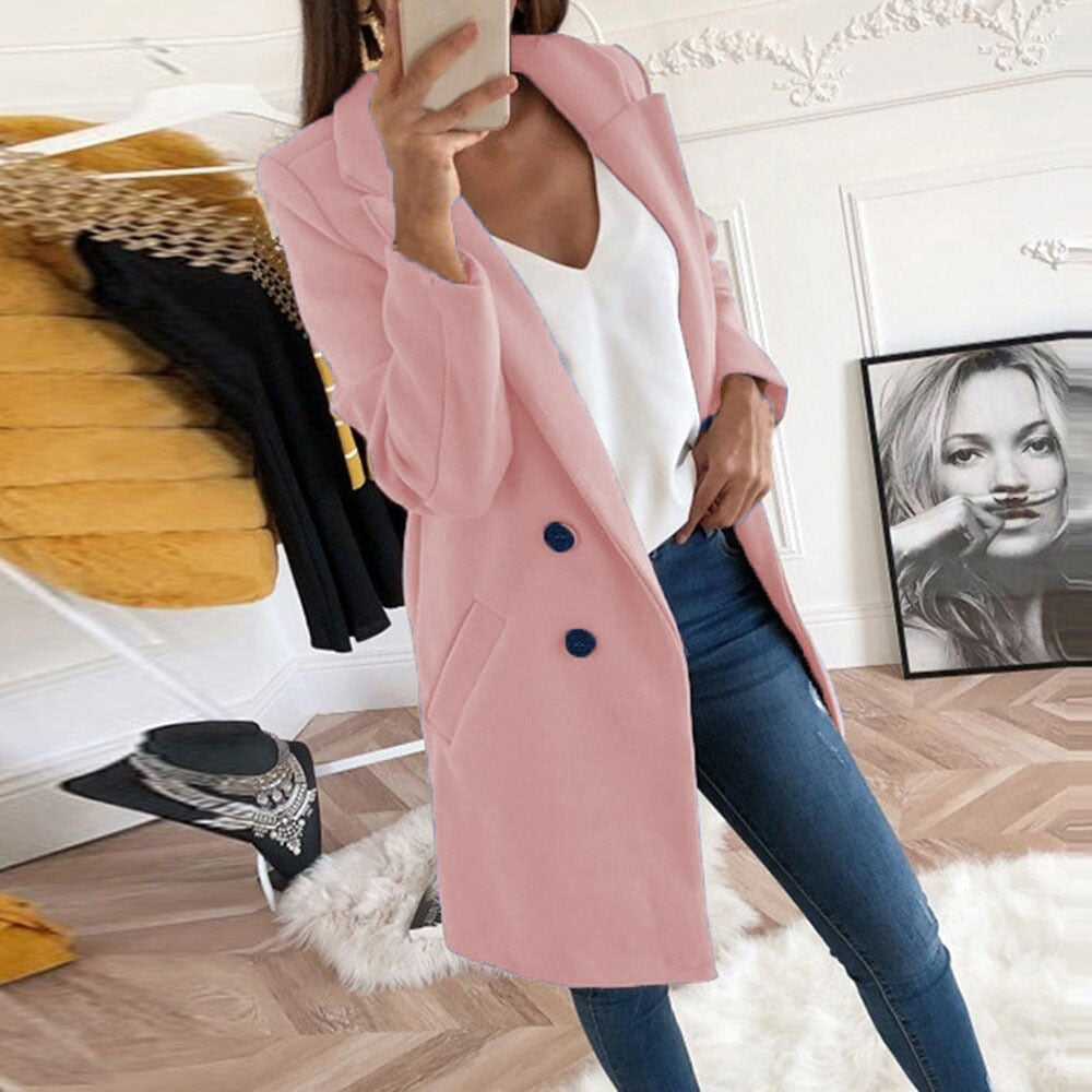 Women's dark orange winter coat with lapel collar and button front