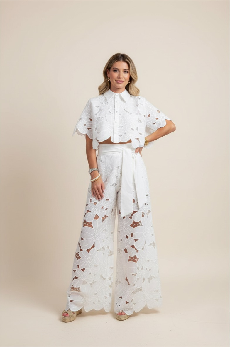 Summer Set Two-Piece Outfit Floral Embroidery Wide-Leg Pants Button-Up Top 0