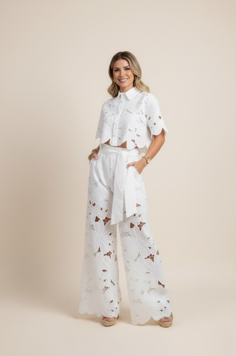 Summer Set Two-Piece Outfit Floral Embroidery Wide-Leg Pants Button-Up Top 1