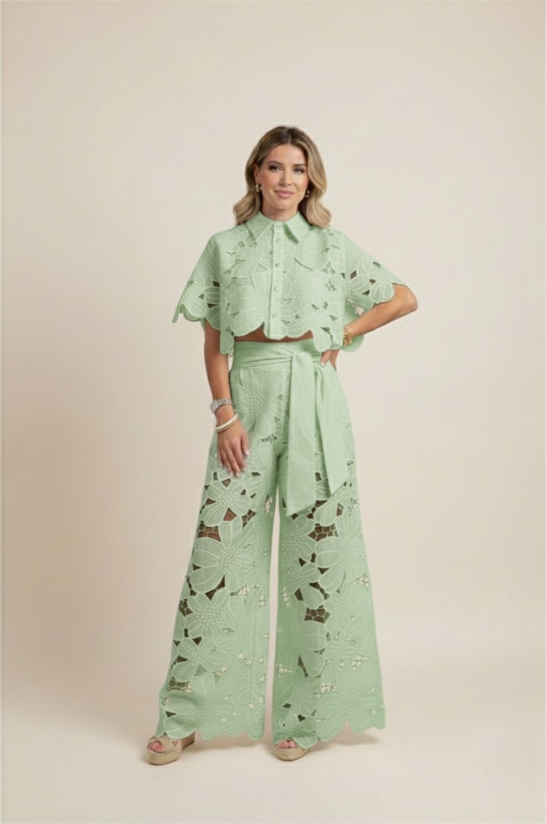 Summer Set Two-Piece Outfit Floral Embroidery Wide-Leg Pants Button-Up Top 10