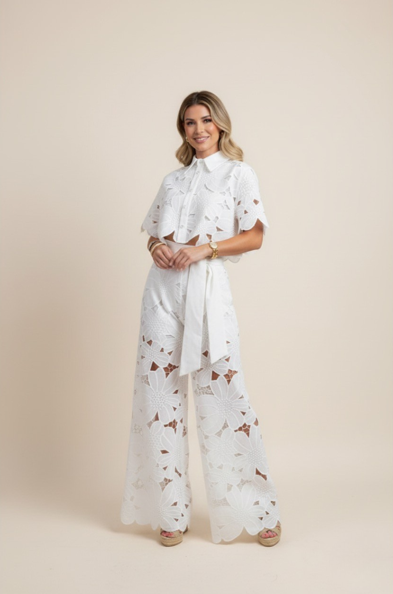 Summer Set Two-Piece Outfit Floral Embroidery Wide-Leg Pants Button-Up Top 2
