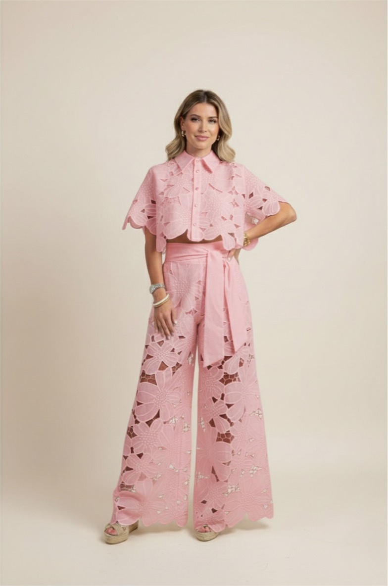 Summer Set Two-Piece Outfit Floral Embroidery Wide-Leg Pants Button-Up Top 3