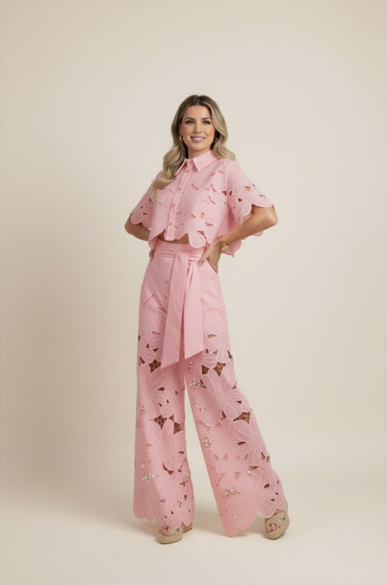 Summer Set Two-Piece Outfit Floral Embroidery Wide-Leg Pants Button-Up Top 4
