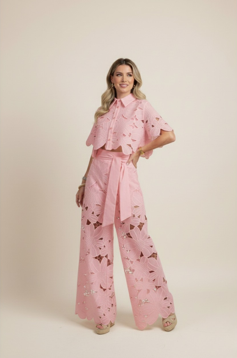 Summer Set Two-Piece Outfit Floral Embroidery Wide-Leg Pants Button-Up Top 5