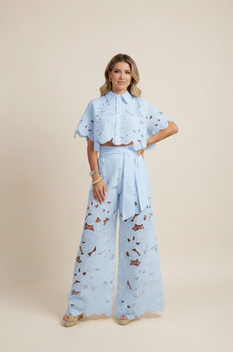 Summer Set Two-Piece Outfit Floral Embroidery Wide-Leg Pants Button-Up Top 6