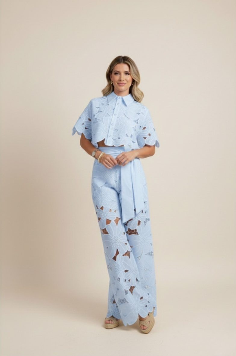 Summer Set Two-Piece Outfit Floral Embroidery Wide-Leg Pants Button-Up Top 7