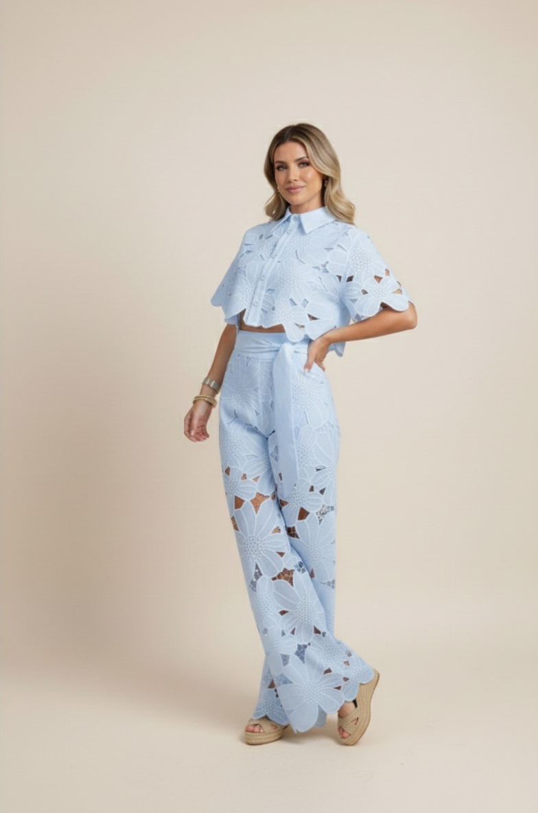 Summer Set Two-Piece Outfit Floral Embroidery Wide-Leg Pants Button-Up Top 8