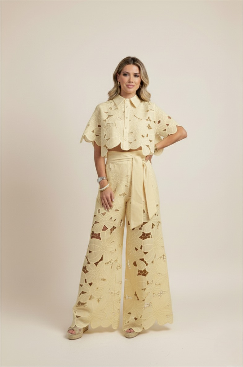 Summer Set Two-Piece Outfit Floral Embroidery Wide-Leg Pants Button-Up Top 9