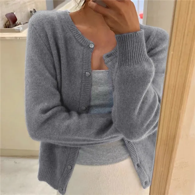 Women's grey soft knit cardigan with loose fit