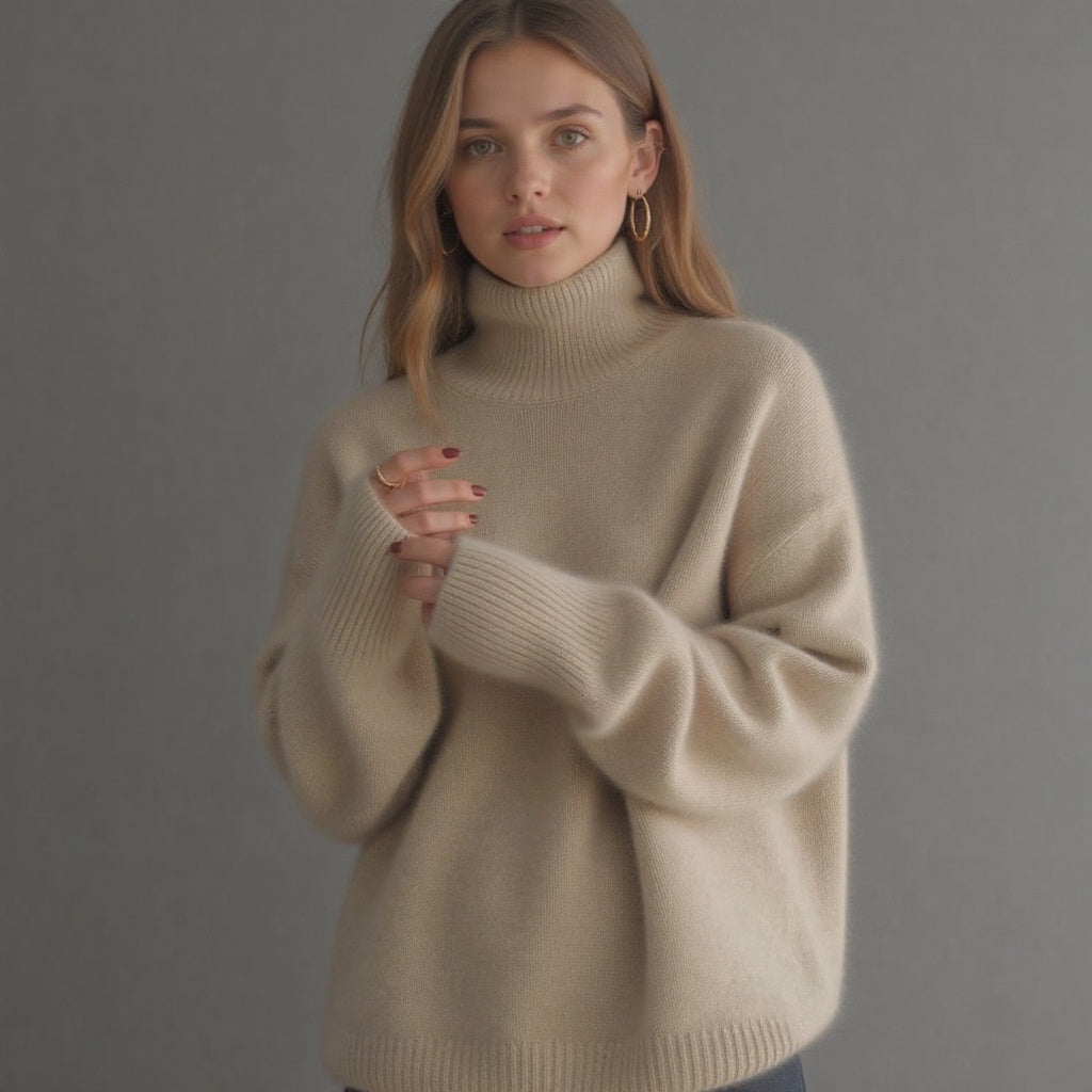 Women's beige oversized cashmere turtleneck jumper