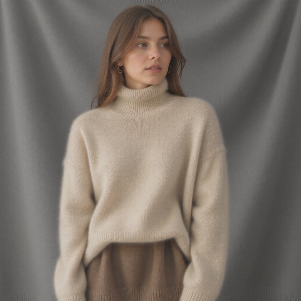 Women's beige oversized cashmere turtleneck jumper