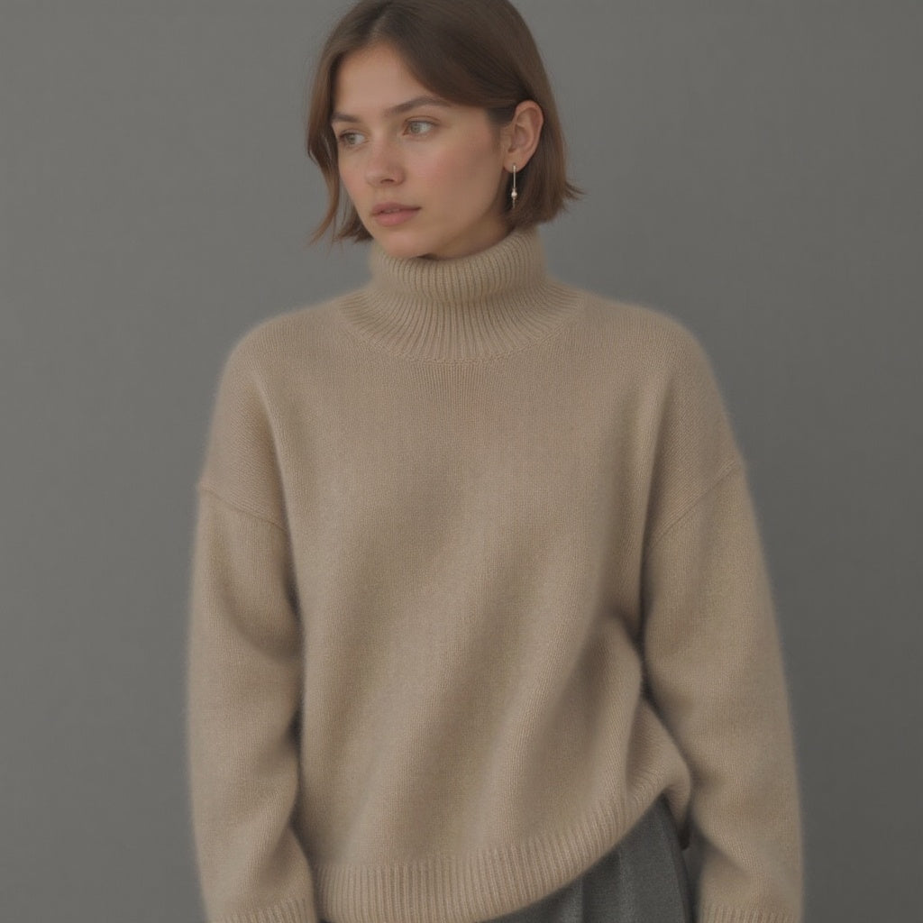 Women's beige oversized cashmere turtleneck jumper
