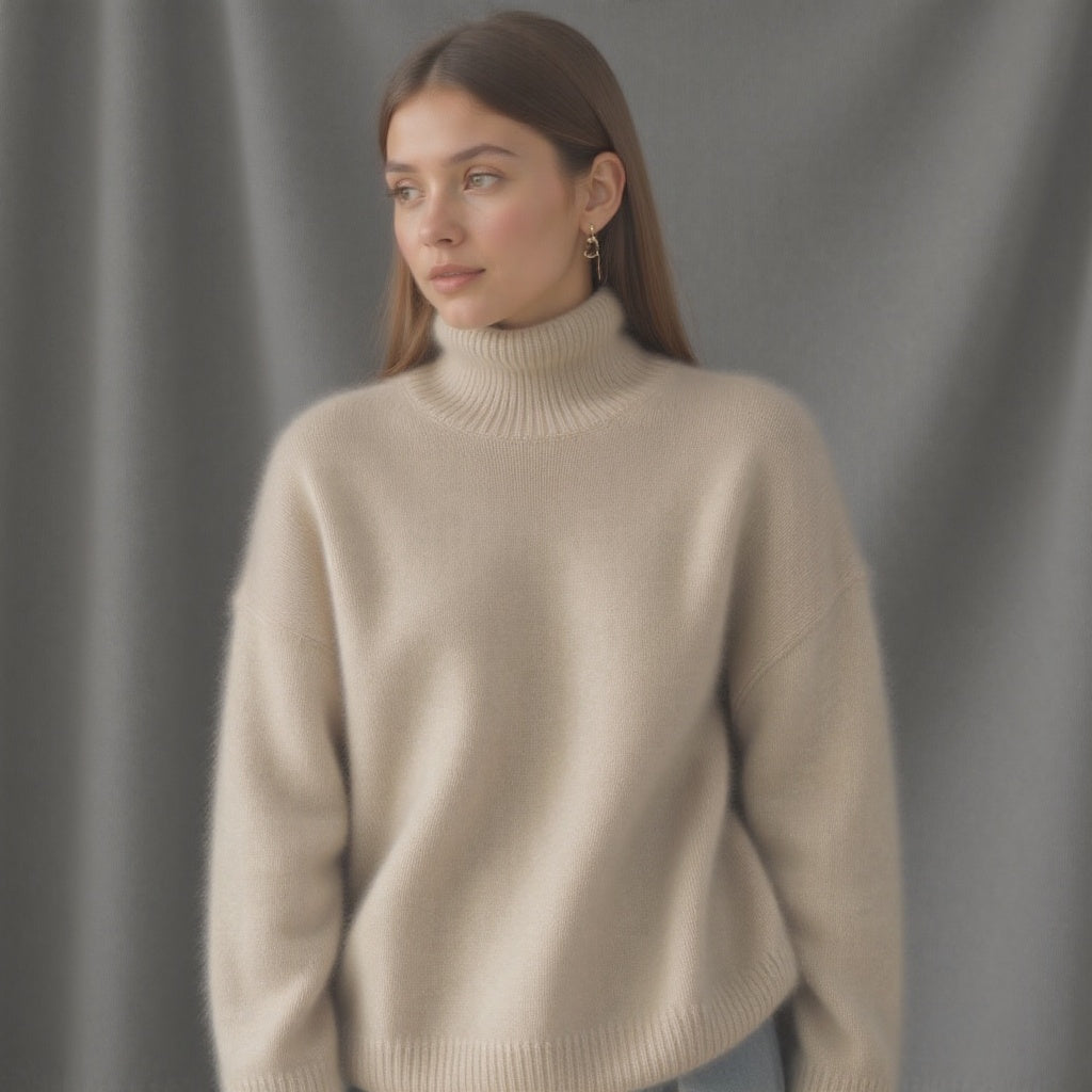 Women's beige oversized cashmere turtleneck jumper