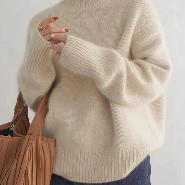 Women's beige oversized cashmere turtleneck jumper