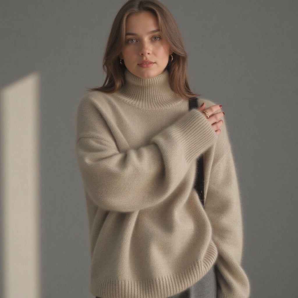 Women's beige oversized cashmere turtleneck jumper