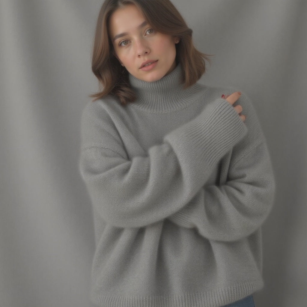 Women's beige oversized cashmere turtleneck jumper