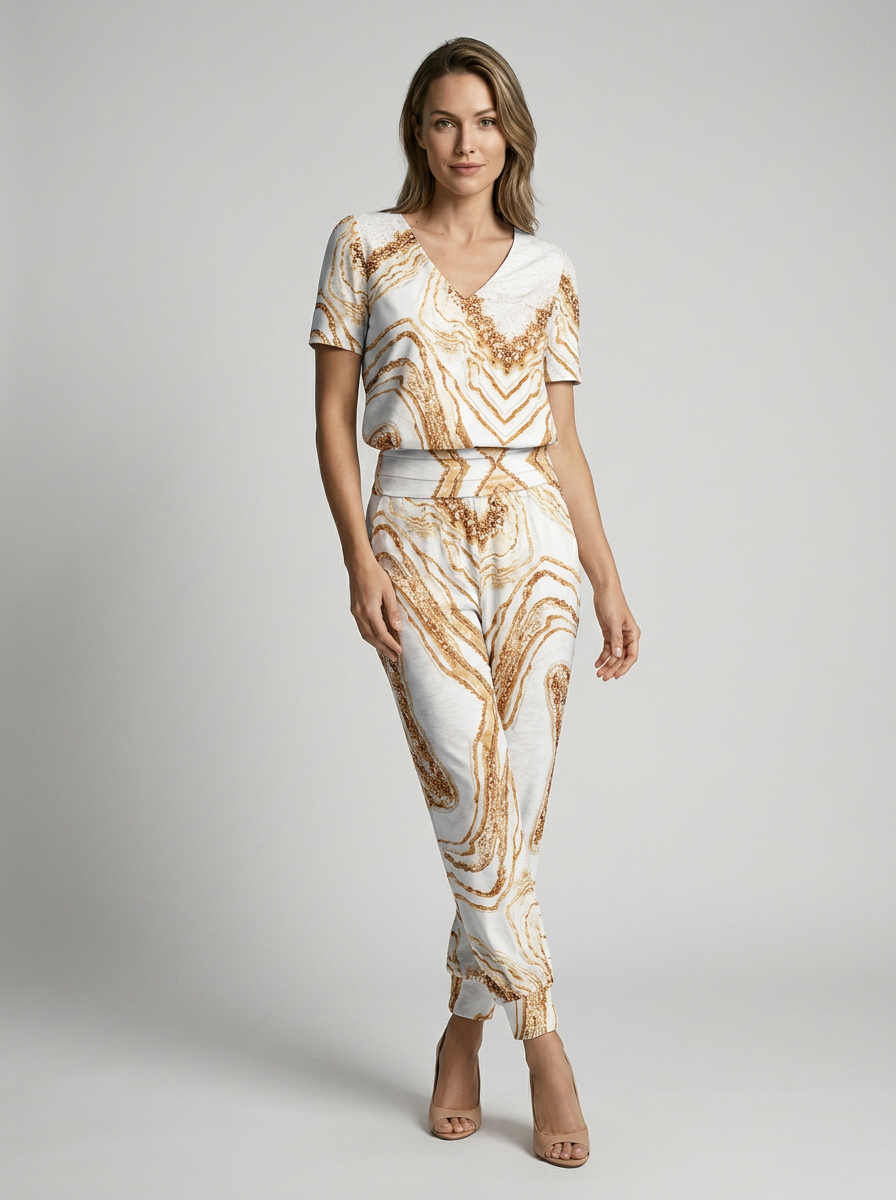 Women’s white and gold women's printed two piece set v-neck