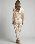 Women’s white and gold women's printed two piece set v-neck