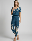 Women’s white and gold women's printed two piece set v-neck