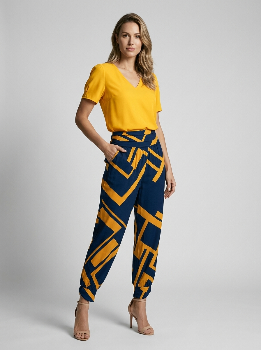 Women’s white and gold women's printed two piece set v-neck