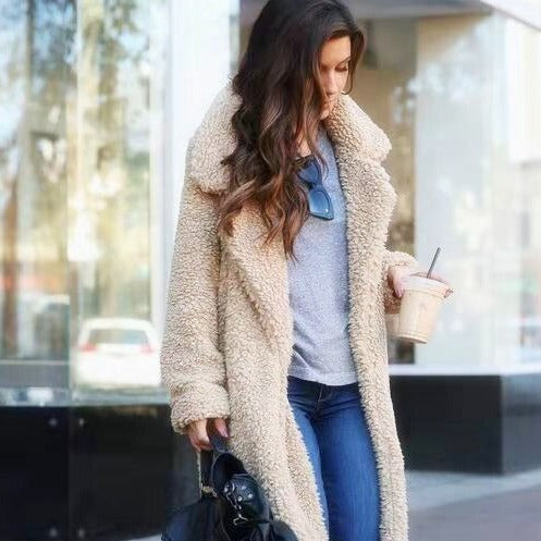 Women's apricot long teddy coat in borg fleece