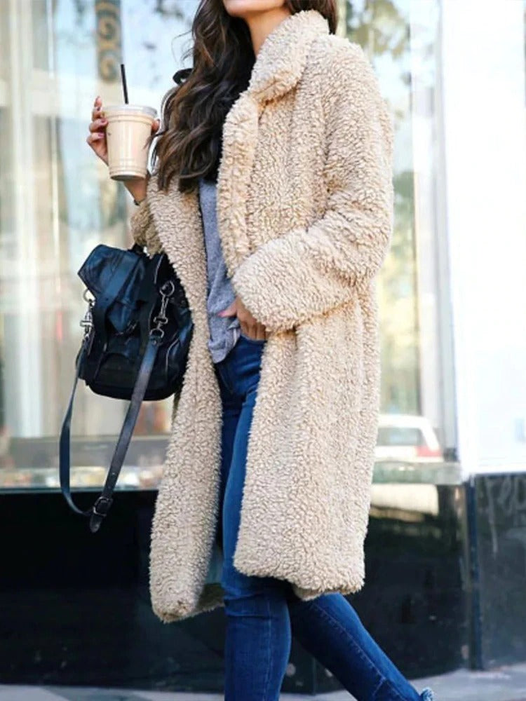 Women's apricot long teddy coat in borg fleece