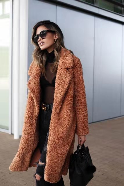 Women's dark grey long teddy coat in borg fleece