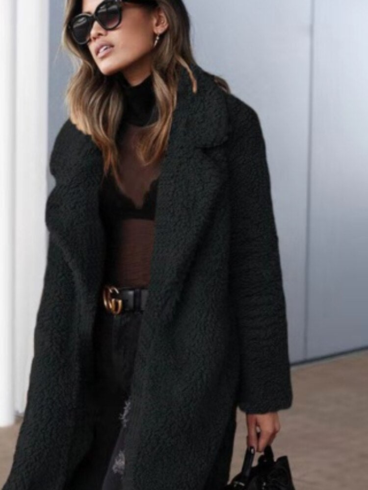 Women's apricot long teddy coat in borg fleece