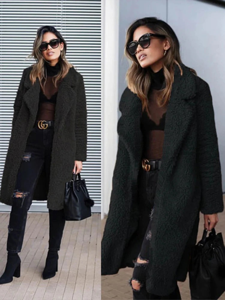 Women's apricot long teddy coat in borg fleece