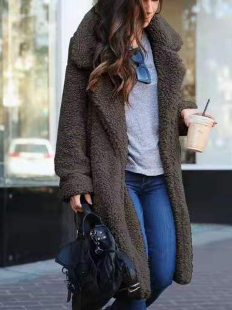 Women's apricot long teddy coat in borg fleece