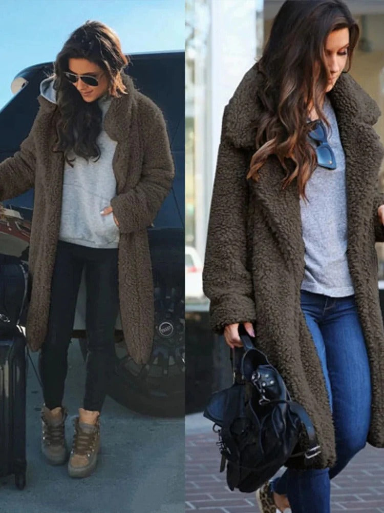 Women's black long teddy coat in borg fleece