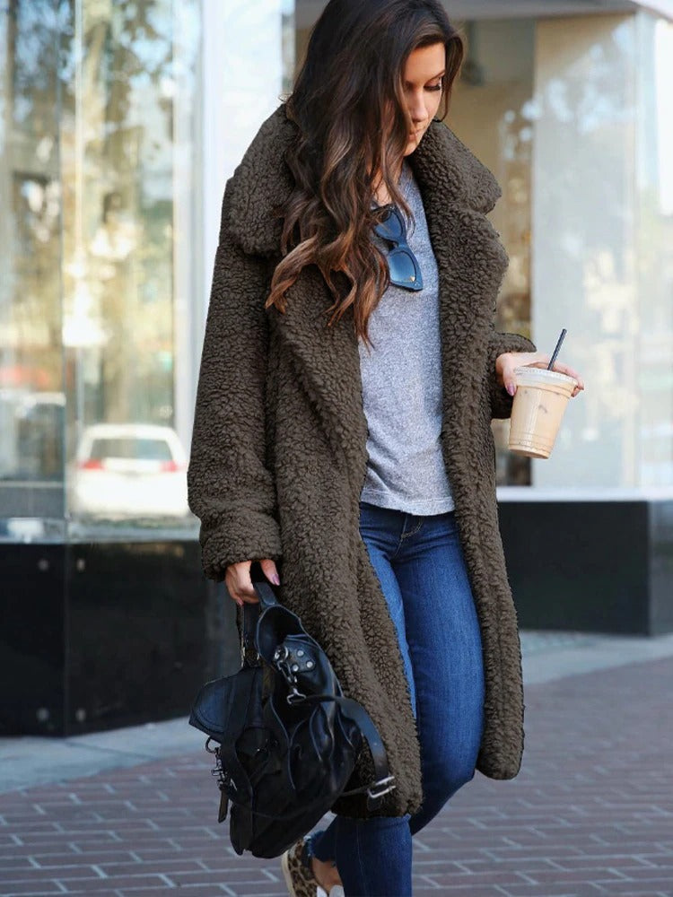 Women's black long teddy coat in borg fleece