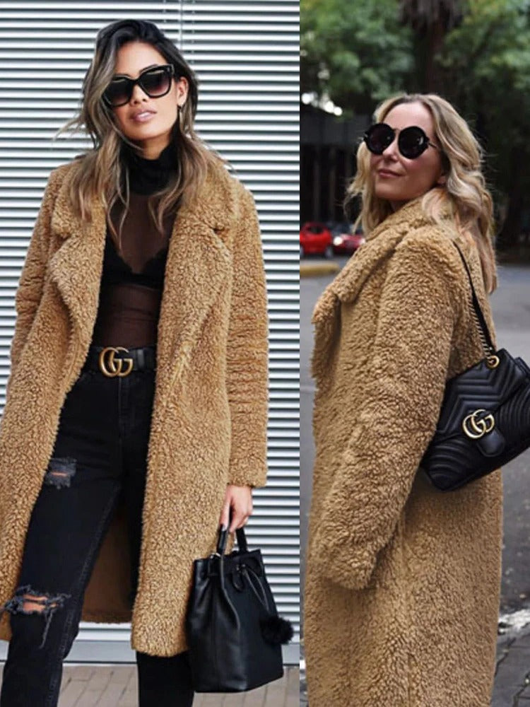 Women's black long teddy coat in borg fleece