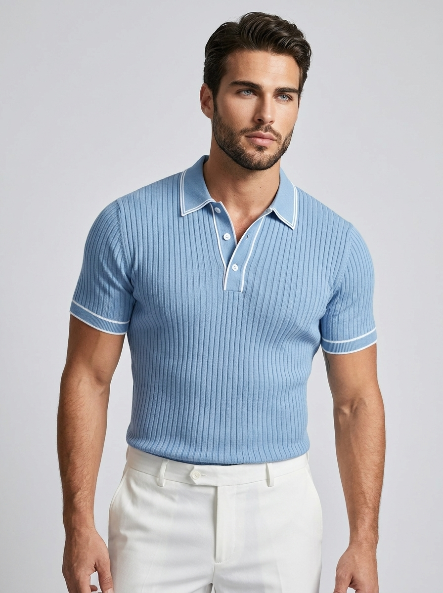 Men’s navy men's ribbed polo shirt contrast