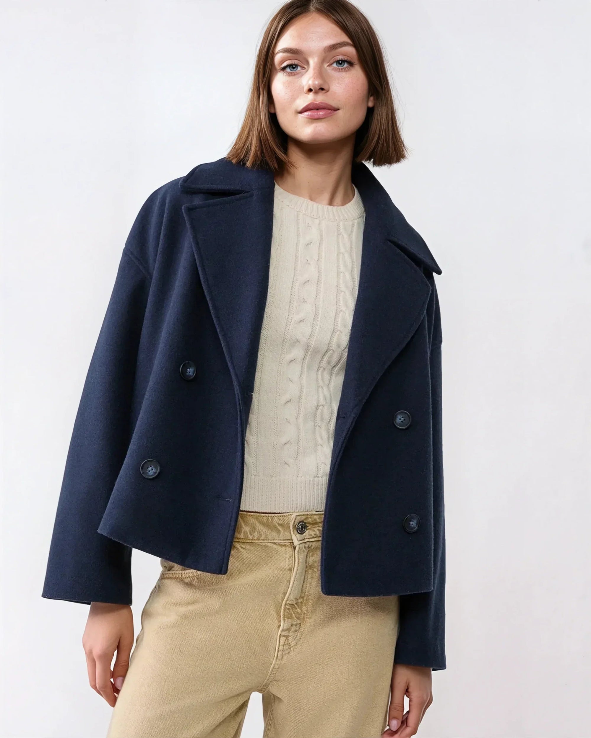 Women's navy short double-breasted wool coat
