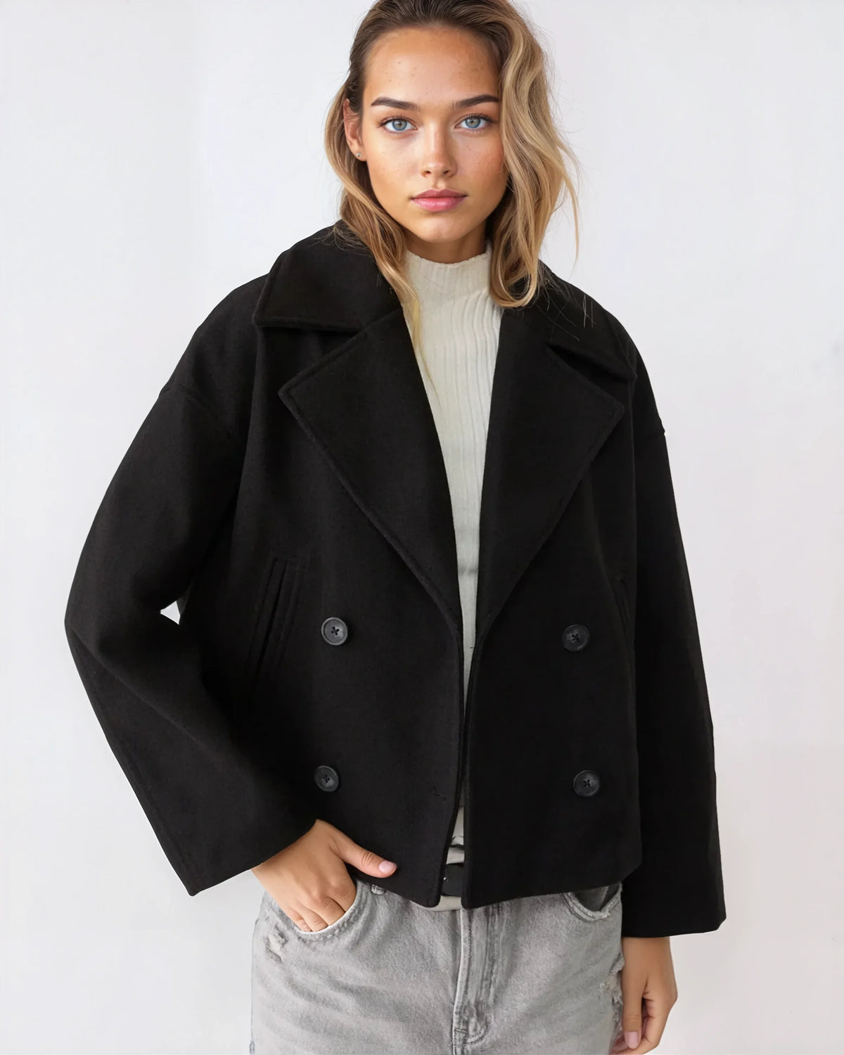 Women's navy short double-breasted wool coat