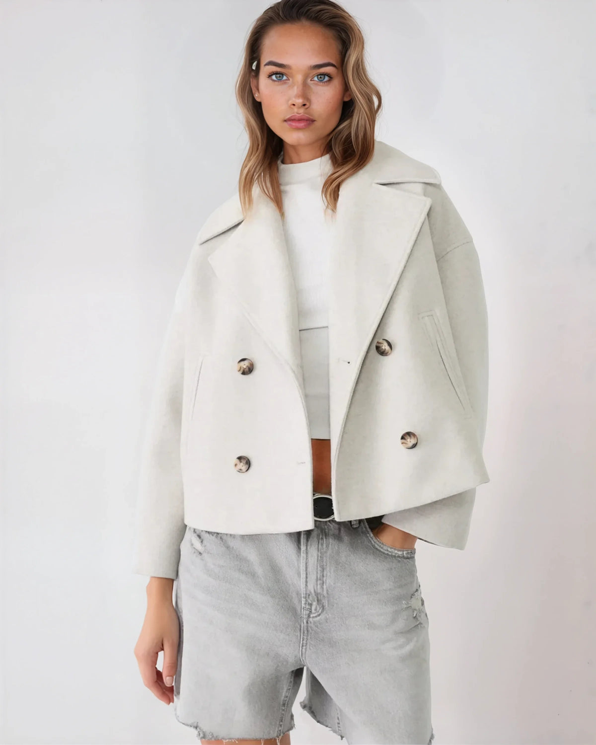 Women's navy short double-breasted wool coat