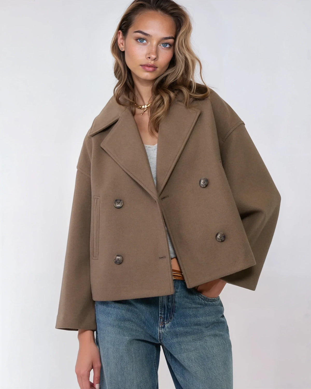 Women's navy short double-breasted wool coat