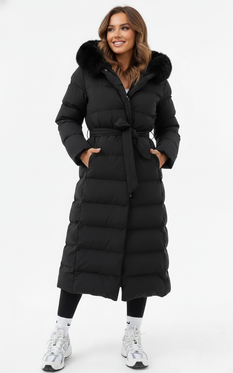 Women's long puffer coat faux fur collar belted in black