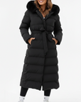 Women's long puffer coat faux fur collar belted in black