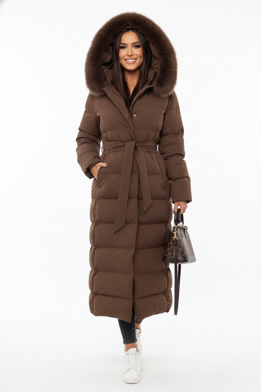 Women's long puffer coat faux fur collar belted in black