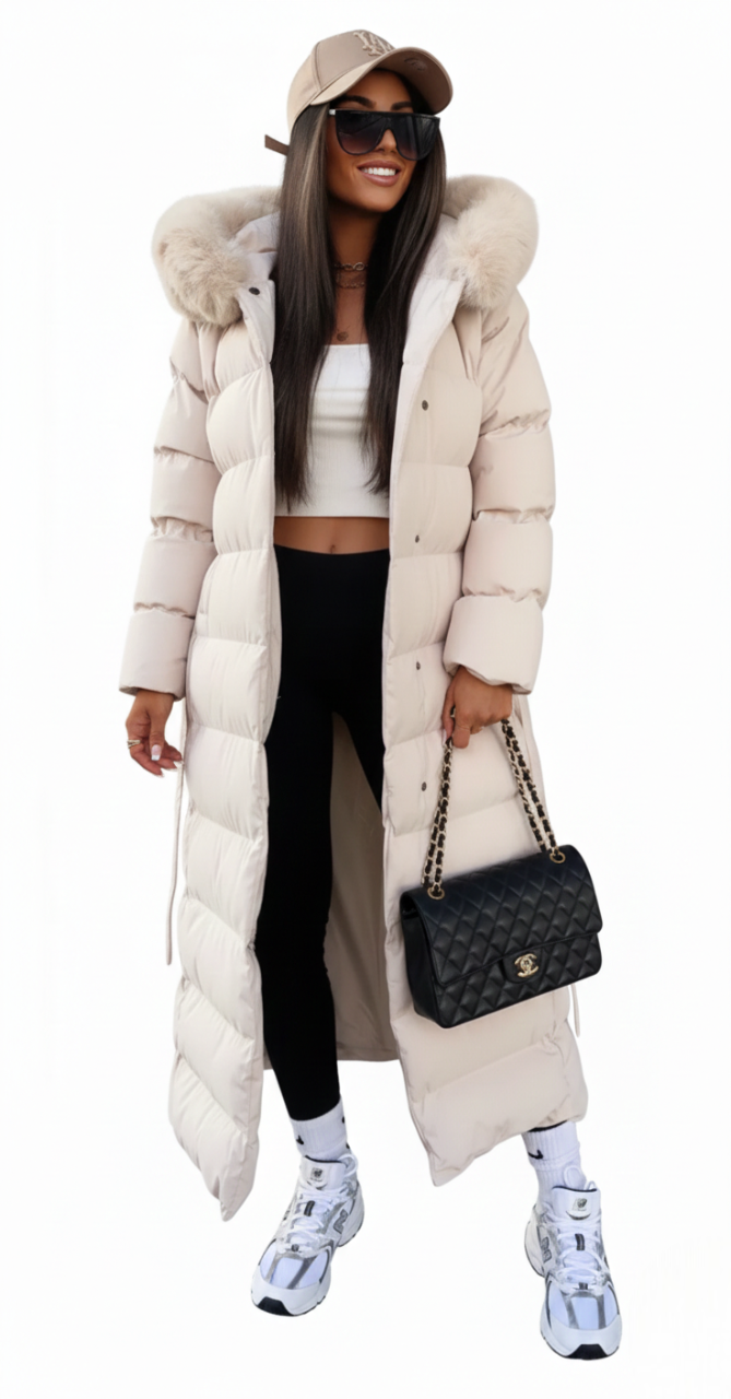 Women's long puffer coat faux fur collar belted in black