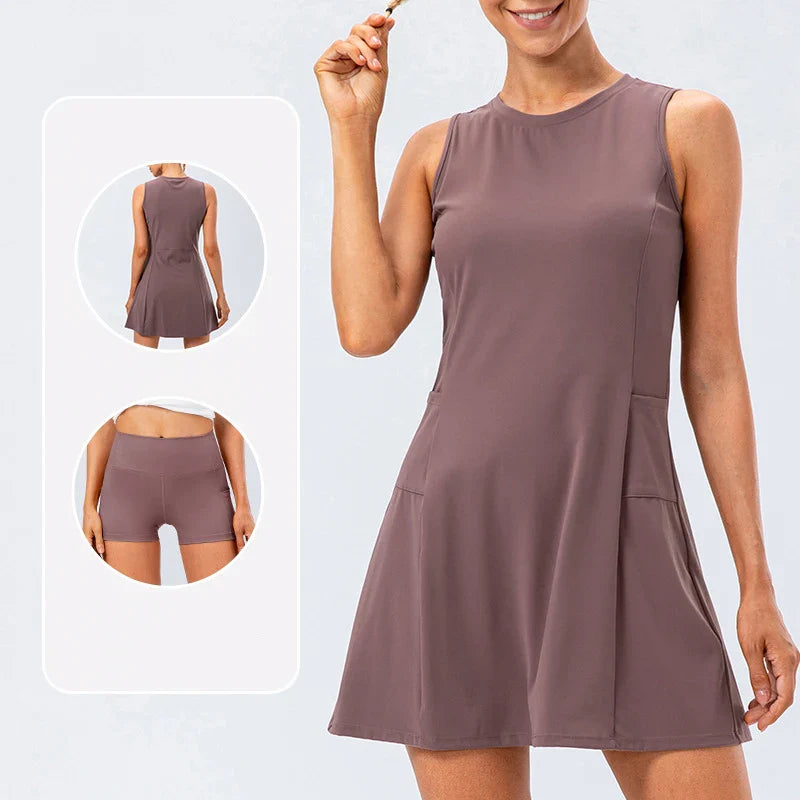 Women’s brown women's tennis dress with built-in shorts