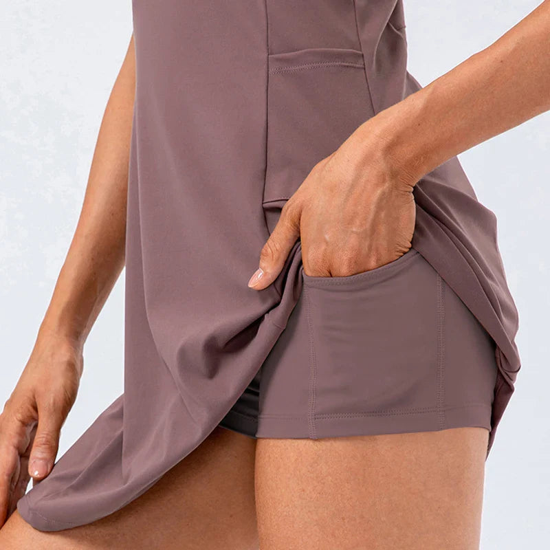 Women’s brown women's tennis dress with built-in shorts