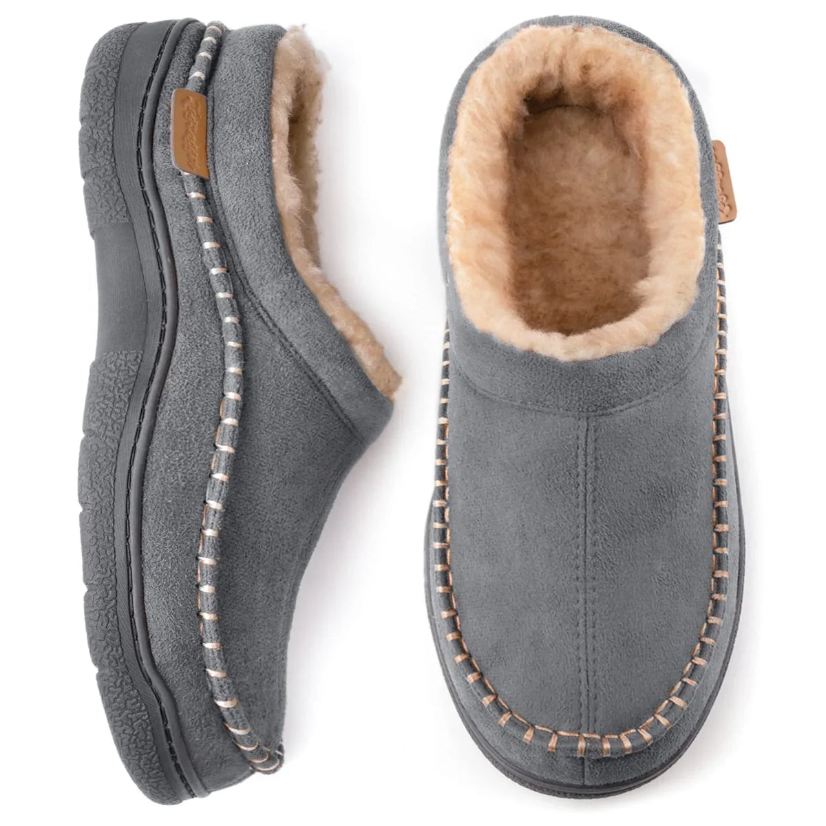 Men's warm-lined slippers in beige with non-slip grip sole for home wear