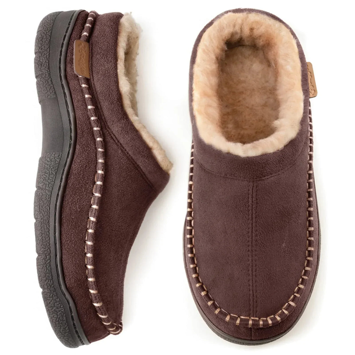 Men's warm-lined slippers in beige with non-slip grip sole for home wear