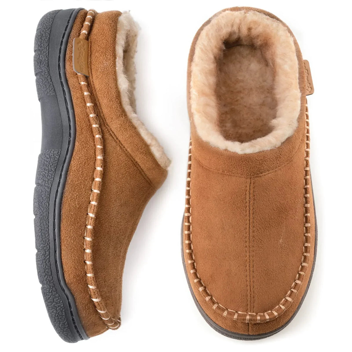 Men's warm-lined slippers in beige with non-slip grip sole for home wear